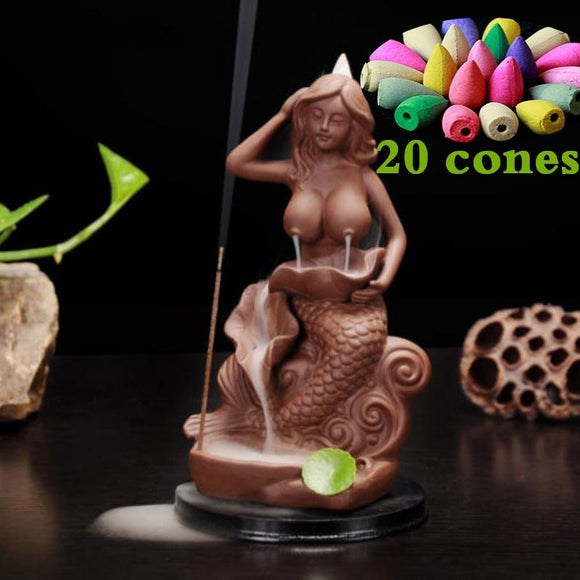 New Brown Nude Mermaid Ceramic Backflow Cone Holder Smoke Censer Incense Burner