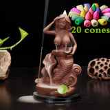 New Brown Nude Mermaid Ceramic Backflow Cone Holder Smoke Censer Incense Burner