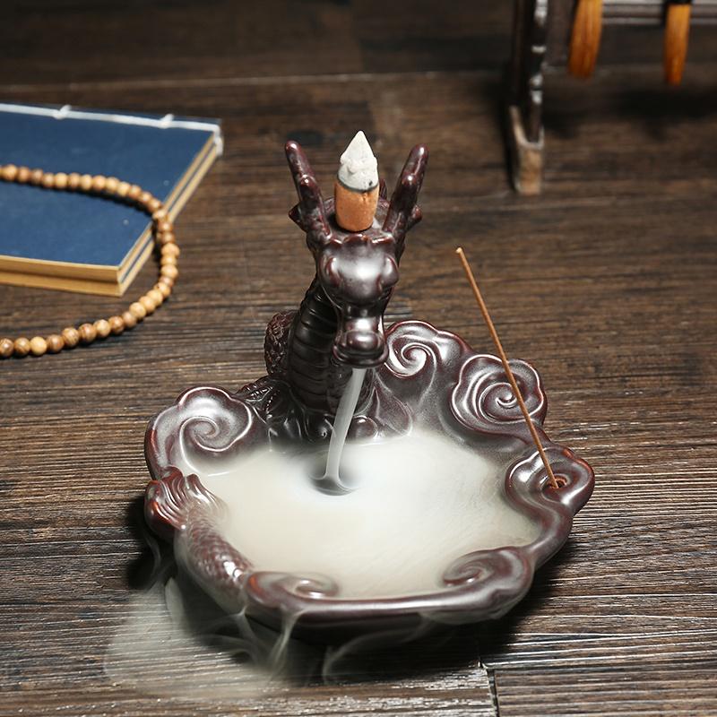 New Ceramic Incense Burner Feng Shui Tibet Holder Buddhist Censer + 60 Backflow Cone