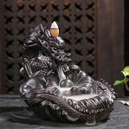 Exquisite Retro dragon Porcelain Ceramic Backflow Incense Burner Holder Buddhist Censer Decoration w/ 20 pcs Incense Cones