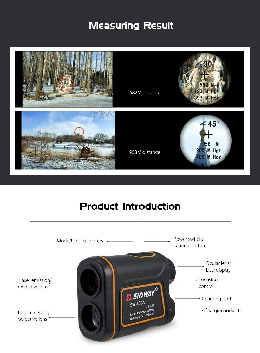 Golf Range Finder 656Yards, USB Rechargeable Rangefinder with Flag Pole Lock Range Speed Scan Mode for Hunting Golf Course Hiking Climbing, Compact Laser Rangefinder Easy to Use for Outdoor [<lun>]
