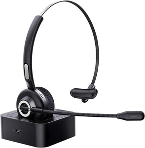 Bluetooth Headset with Mic Charging Dock,On-Ear Office Wireless Headset with Noise Cancelling Microphone for Call Center,Mobile Phones, Laptop,Skype,VoIP