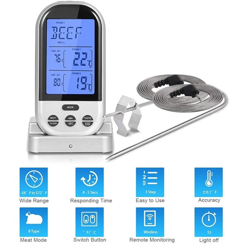 Dual Probe Digital Cooking Meat Thermometer Large LCD Backlight Food Grill Thermometer with Timer Mode for Smoker Kitchen Oven BBQ Thermometer