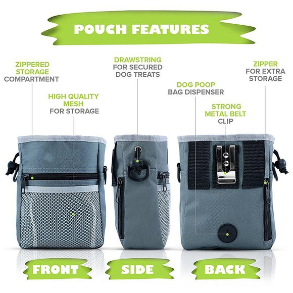 Dog Treat Training Pouch – Easily Carries Pet Toys, Kibble, Treats – Built-In Poop Bag Dispenser – 3 Ways To Wear