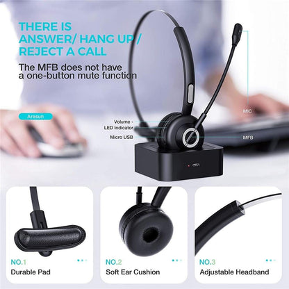 Bluetooth Headset with Mic Charging Dock,On-Ear Office Wireless Headset with Noise Cancelling Microphone for Call Center,Mobile Phones, Laptop,Skype,VoIP
