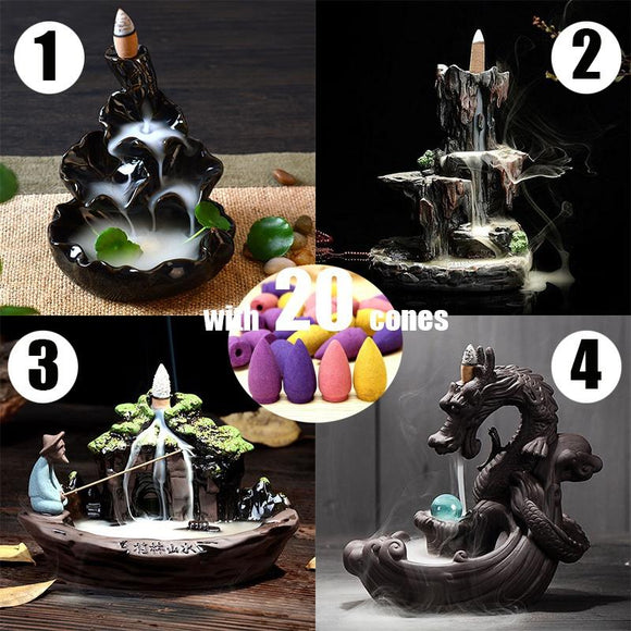 Handmade Ceramic Backflow Incense Holder Waterfall Incense Burner, Aromatherapy Ornament Home Decor Meditation Yoga +  20 Backflow Incense Cones [<lun>]