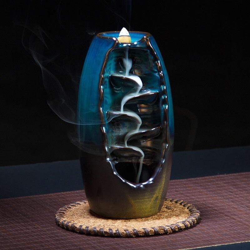 Blue Sandalwood Tower Ceramic Backflow Incense Holder, Home Decor Incense Burner，Handmade gifts can help sleep