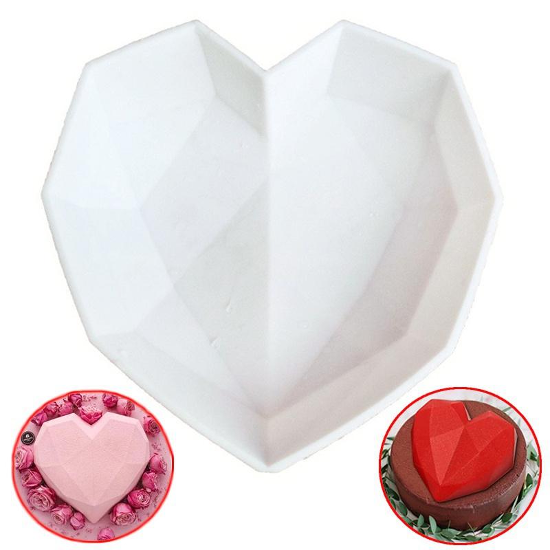 2021 New 3D Diamond Love Heart Shape Silicone Cake Mold Non-stick Silicone Baking Mold Sponge Chiffon Mousse Dessert Molds for Birthday Valentine's Day
